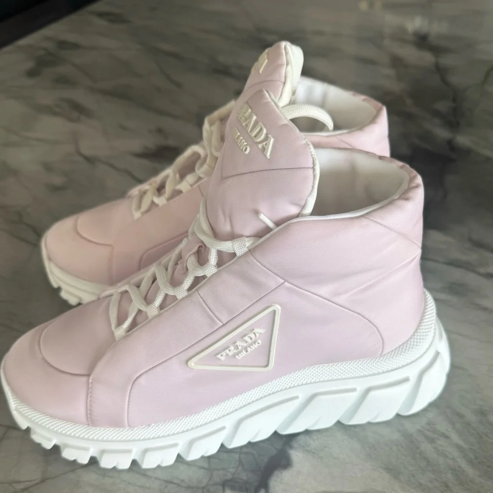 Prada Rush Piuma Nylon Platform High Top Sneakers – Pink/White – Size 36 (US 6)